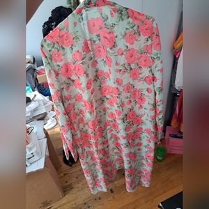 Long and very fashion forward pink and green flower kimono!